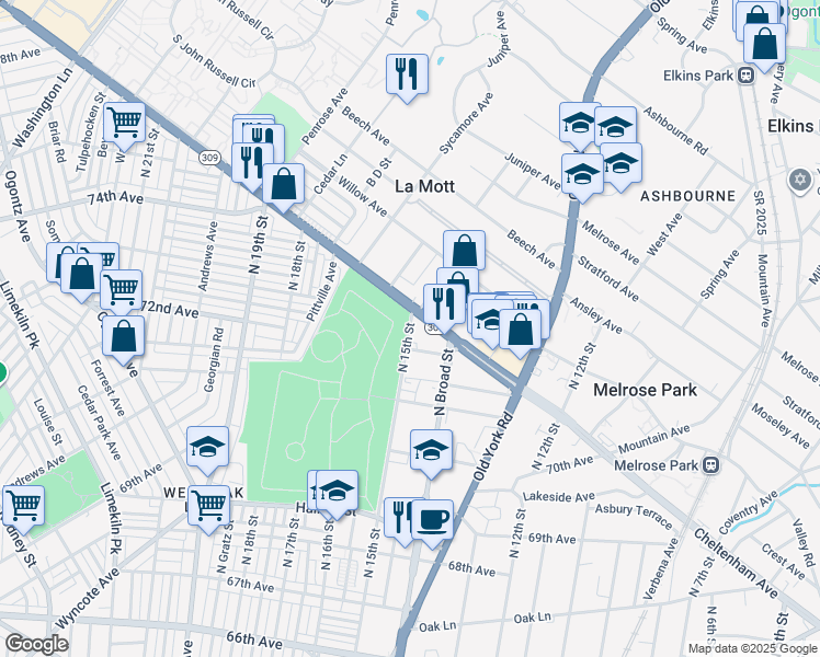 map of restaurants, bars, coffee shops, grocery stores, and more near 7215 North 15th Street in Philadelphia