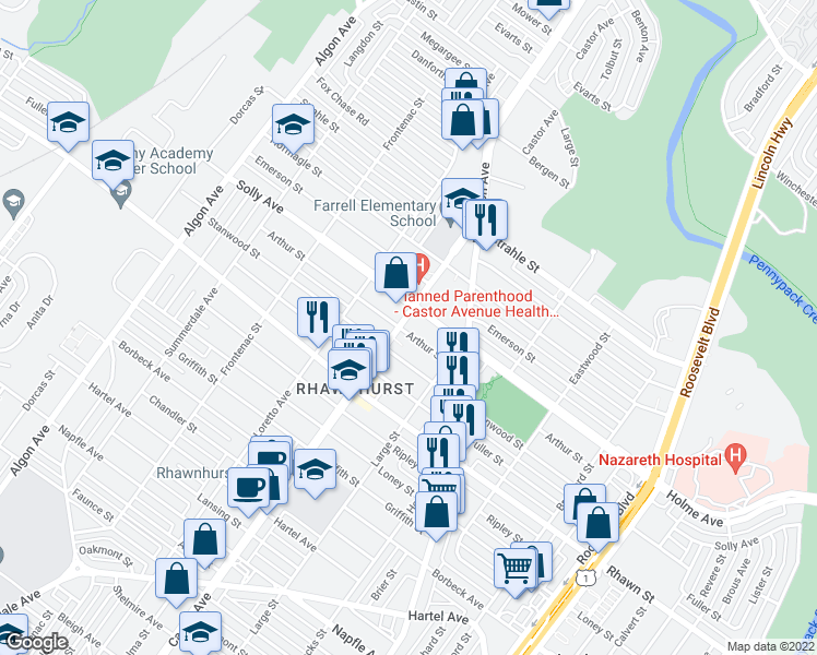 map of restaurants, bars, coffee shops, grocery stores, and more near 8171 Castor Avenue in Philadelphia