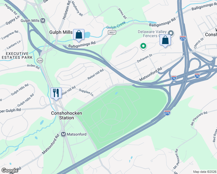 map of restaurants, bars, coffee shops, grocery stores, and more near 259 Matsonford Road in Conshohocken
