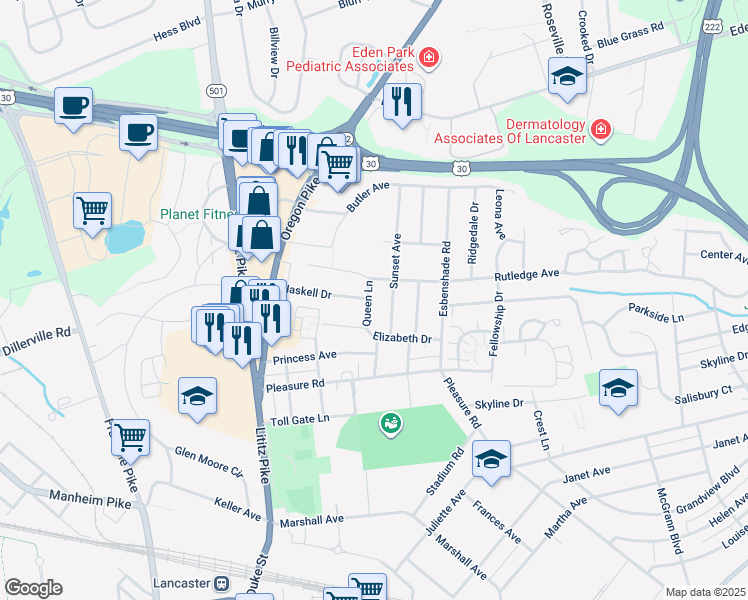 map of restaurants, bars, coffee shops, grocery stores, and more near 1545 Queen Lane in Lancaster
