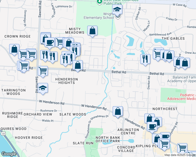 map of restaurants, bars, coffee shops, grocery stores, and more near 5287 Brandy Oaks Lane in Columbus