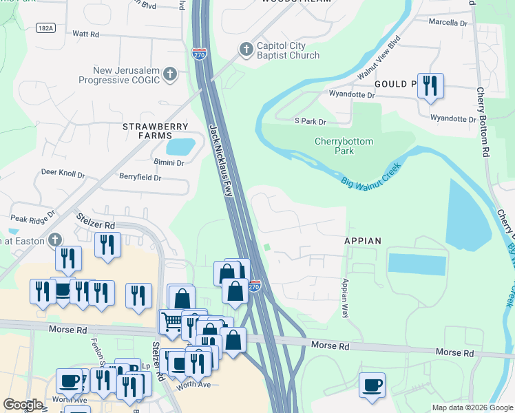 map of restaurants, bars, coffee shops, grocery stores, and more near 4339 Grays Market Drive in Columbus