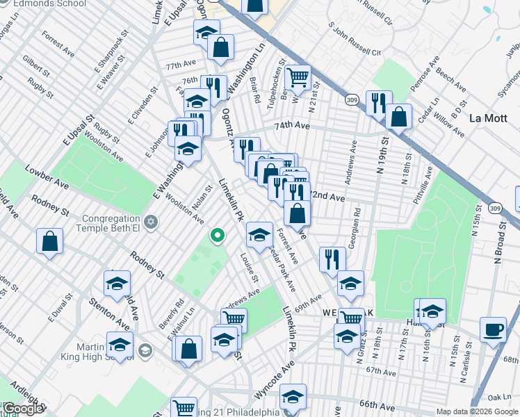 map of restaurants, bars, coffee shops, grocery stores, and more near 7202 Forrest Avenue in Philadelphia