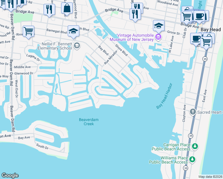 map of restaurants, bars, coffee shops, grocery stores, and more near 1707 Rue Mirador in Point Pleasant