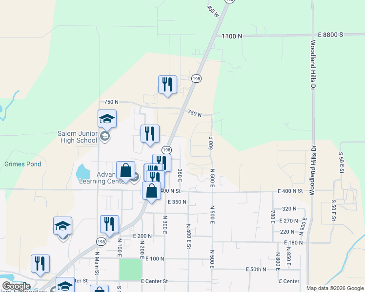 map of restaurants, bars, coffee shops, grocery stores, and more near 596 North 360 East in Salem