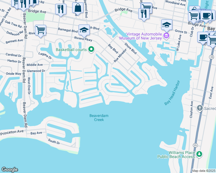map of restaurants, bars, coffee shops, grocery stores, and more near 1724 Rue Mirador in Point Pleasant