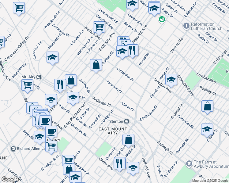 map of restaurants, bars, coffee shops, grocery stores, and more near 438 East Sedgwick Street in Philadelphia