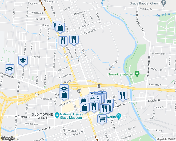 map of restaurants, bars, coffee shops, grocery stores, and more near 105 Clinton Street in Newark