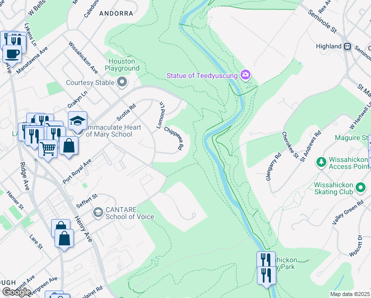 map of restaurants, bars, coffee shops, grocery stores, and more near 8422 Chippewa Rd in Philadelphia