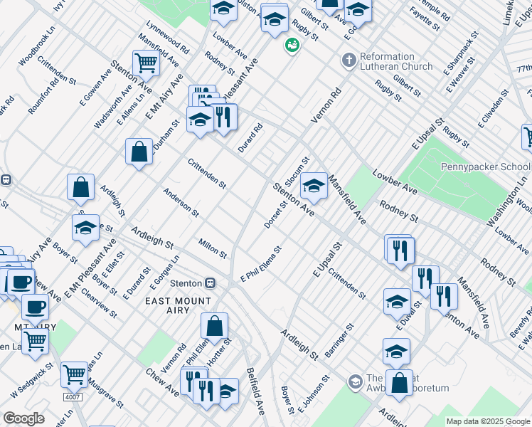 map of restaurants, bars, coffee shops, grocery stores, and more near 6777 Crittenden Street in Philadelphia