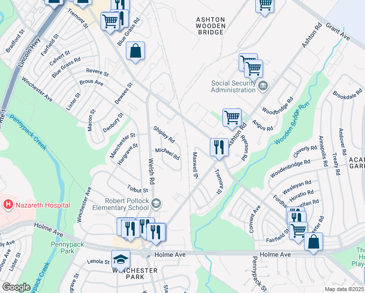 map of restaurants, bars, coffee shops, grocery stores, and more near 2859 Shipley Road in Philadelphia