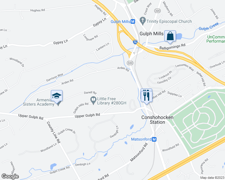 map of restaurants, bars, coffee shops, grocery stores, and more near 191 Gulph Hills Road in Wayne