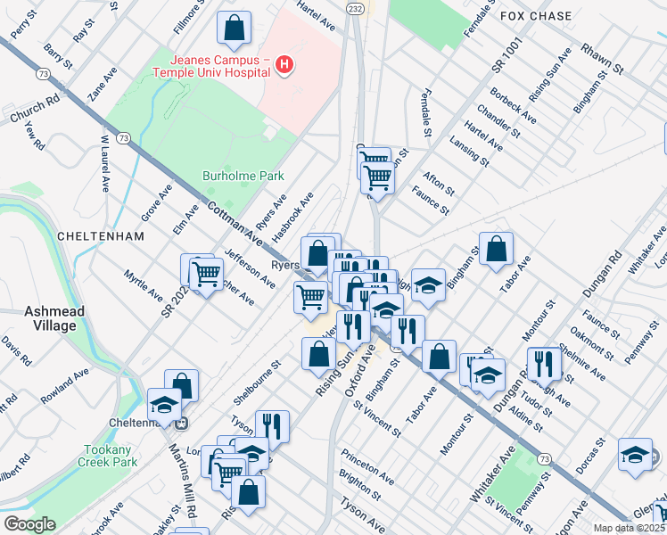 map of restaurants, bars, coffee shops, grocery stores, and more near 7331 Rockwell Avenue in Philadelphia