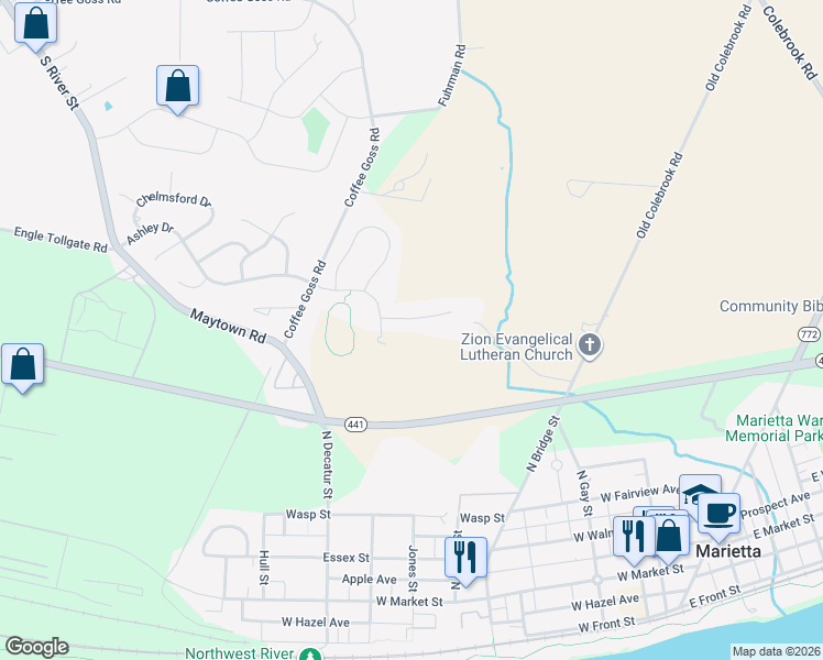 map of restaurants, bars, coffee shops, grocery stores, and more near 129 Nicole St in Marietta