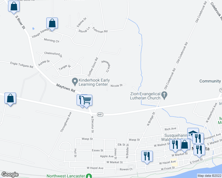 map of restaurants, bars, coffee shops, grocery stores, and more near 129 Nicole Street in Marietta