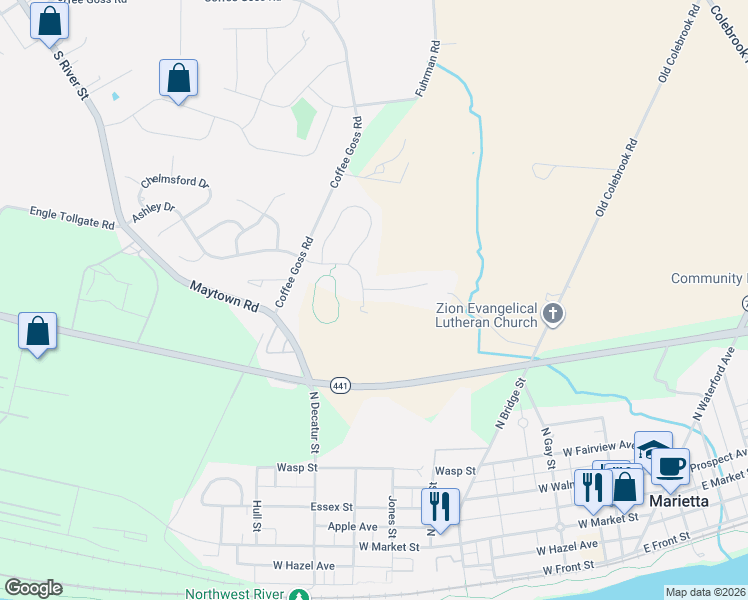 map of restaurants, bars, coffee shops, grocery stores, and more near 344 Ashley Drive in Marietta
