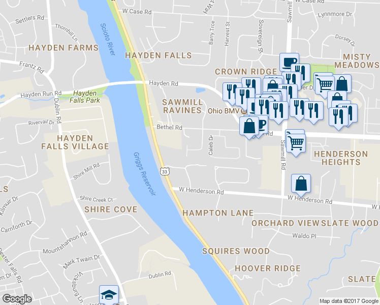map of restaurants, bars, coffee shops, grocery stores, and more near 3155 Rivermill Drive in Columbus