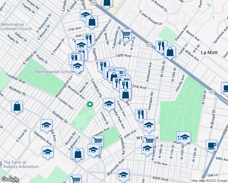 map of restaurants, bars, coffee shops, grocery stores, and more near 7125 Forrest Avenue in Philadelphia