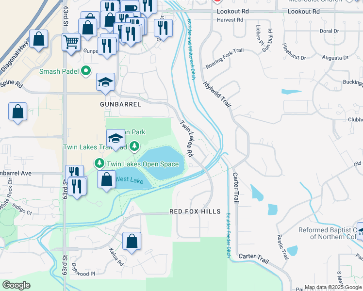 map of restaurants, bars, coffee shops, grocery stores, and more near 4895 Twin Lakes Road in Boulder