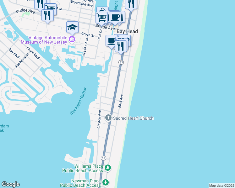 map of restaurants, bars, coffee shops, grocery stores, and more near 679 Main Avenue in Bay Head