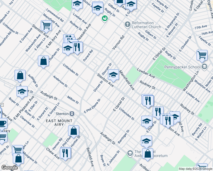 map of restaurants, bars, coffee shops, grocery stores, and more near 835 East Phil Ellena Street in Philadelphia