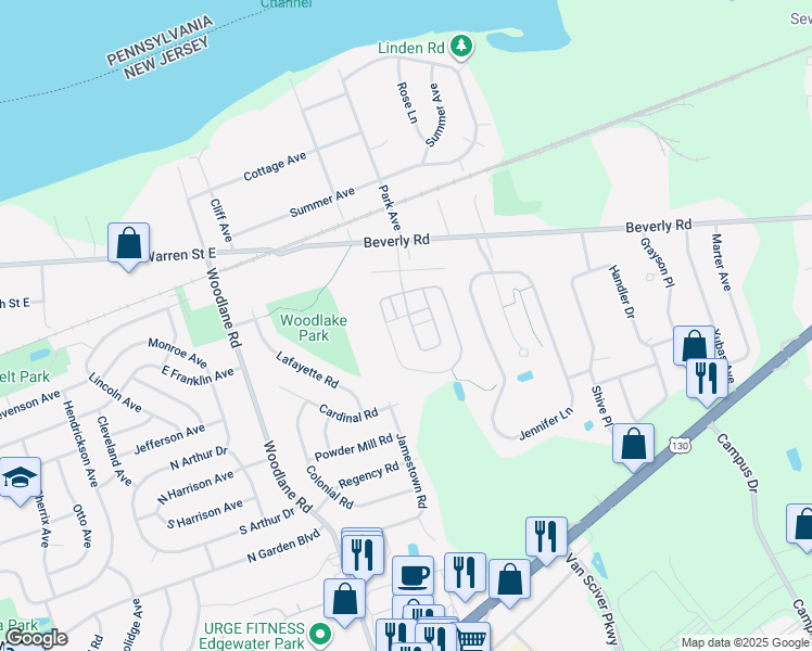 map of restaurants, bars, coffee shops, grocery stores, and more near 125 Riverwalk Boulevard in Burlington