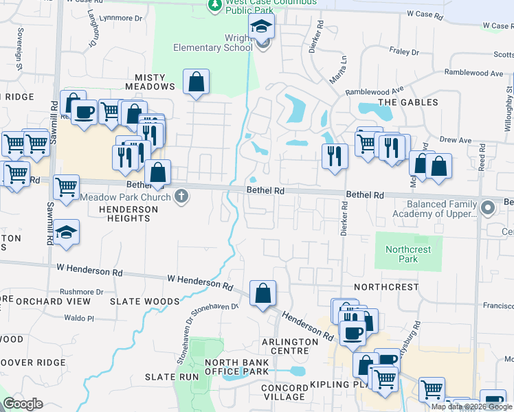 map of restaurants, bars, coffee shops, grocery stores, and more near 2350 Gavinley Way in Columbus