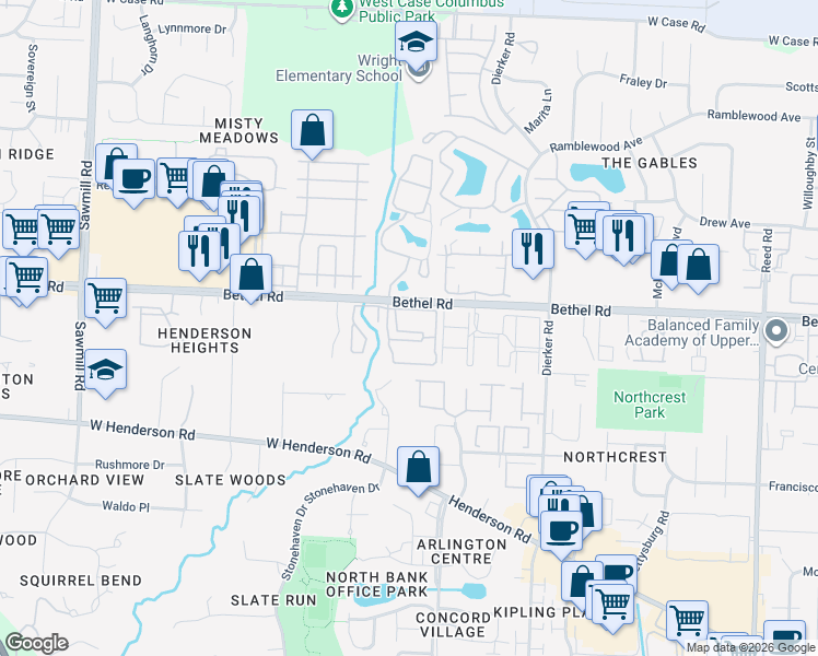map of restaurants, bars, coffee shops, grocery stores, and more near 2350 Gavinley Way in Columbus
