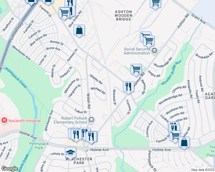 map of restaurants, bars, coffee shops, grocery stores, and more near 2859 Shipley Road in Philadelphia