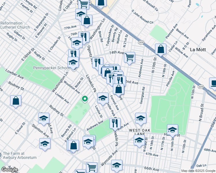 map of restaurants, bars, coffee shops, grocery stores, and more near 7125 Forrest Avenue in Philadelphia