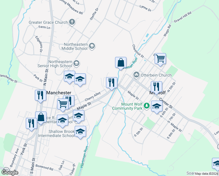map of restaurants, bars, coffee shops, grocery stores, and more near 95 Maple Street in Manchester