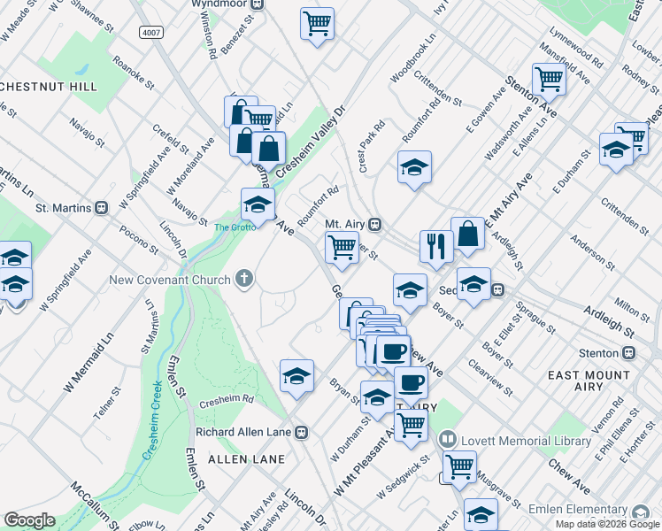 map of restaurants, bars, coffee shops, grocery stores, and more near 7429 Germantown Avenue in Philadelphia