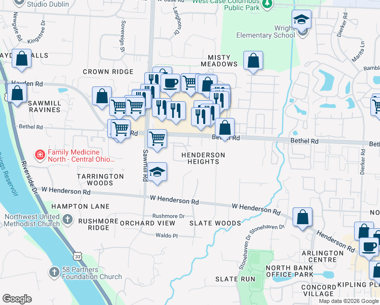 map of restaurants, bars, coffee shops, grocery stores, and more near 5334 Darlington Road in Columbus