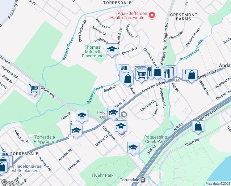 map of restaurants, bars, coffee shops, grocery stores, and more near 3960 Carteret Drive in Philadelphia