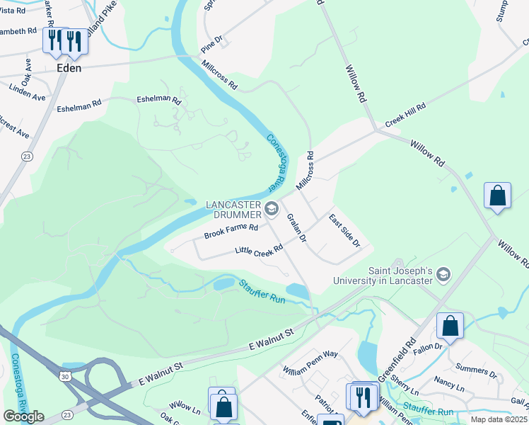 map of restaurants, bars, coffee shops, grocery stores, and more near Millcross Road in Lancaster County