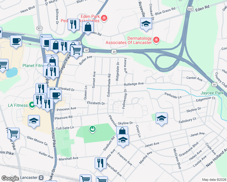 map of restaurants, bars, coffee shops, grocery stores, and more near 407 Friendship Ave in Lancaster