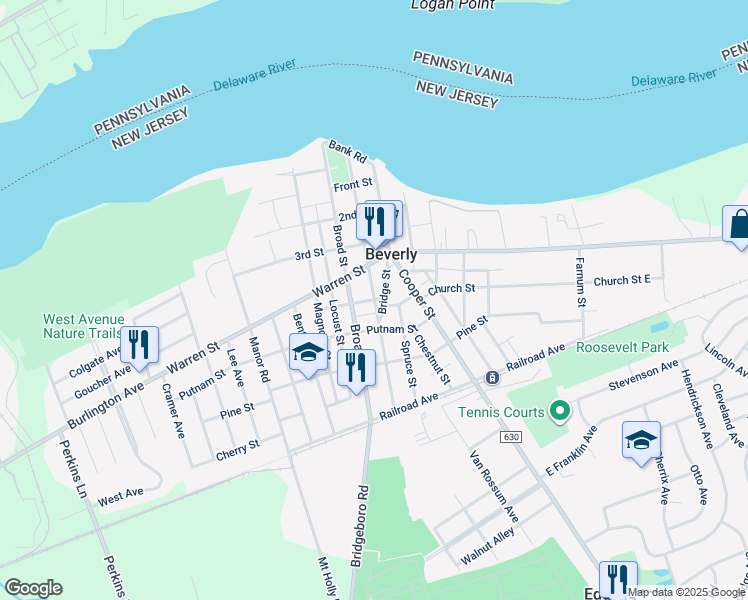 map of restaurants, bars, coffee shops, grocery stores, and more near Oak Street in Beverly