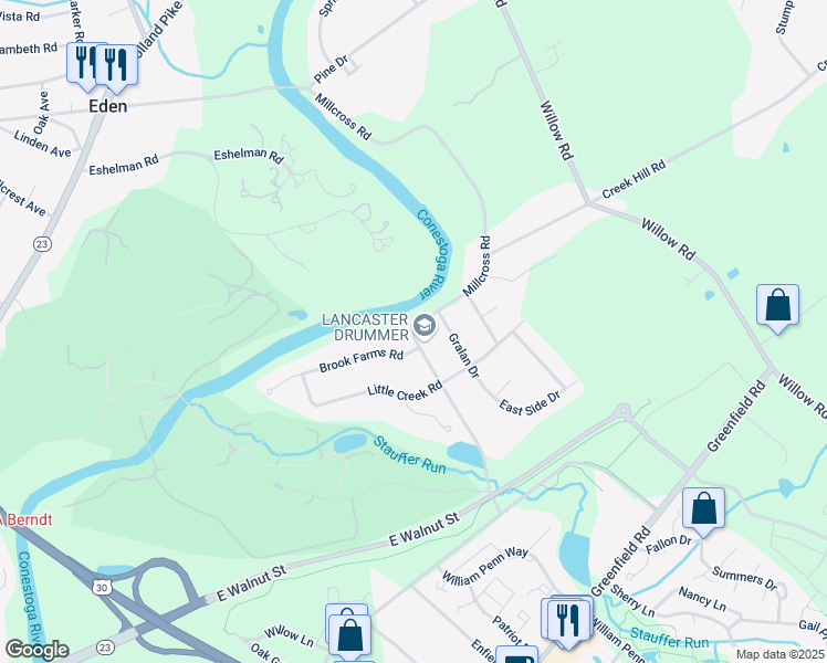 map of restaurants, bars, coffee shops, grocery stores, and more near Millcross Road in Lancaster County