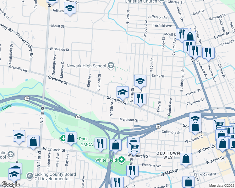 map of restaurants, bars, coffee shops, grocery stores, and more near 342 Granville Street in Newark