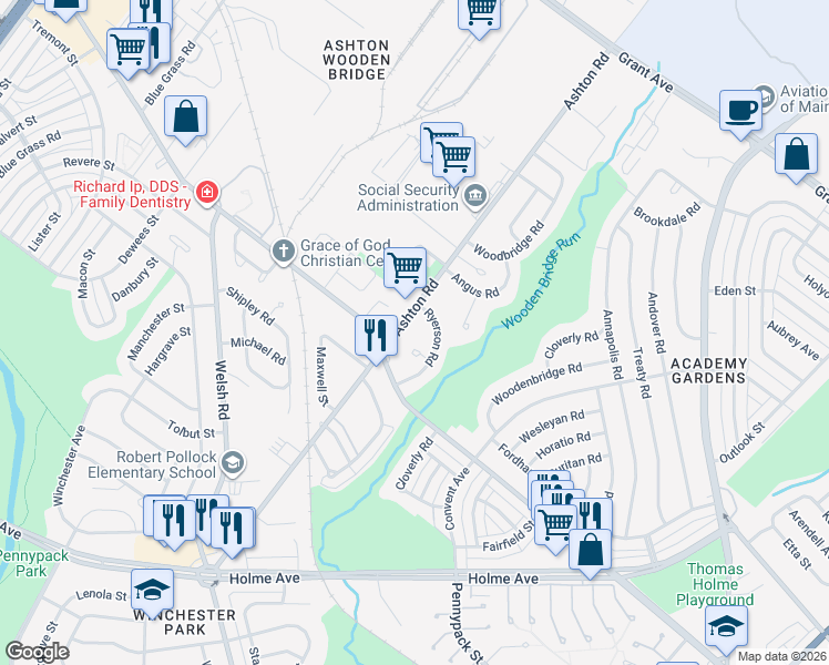 map of restaurants, bars, coffee shops, grocery stores, and more near 9131 Ashton Road in Philadelphia