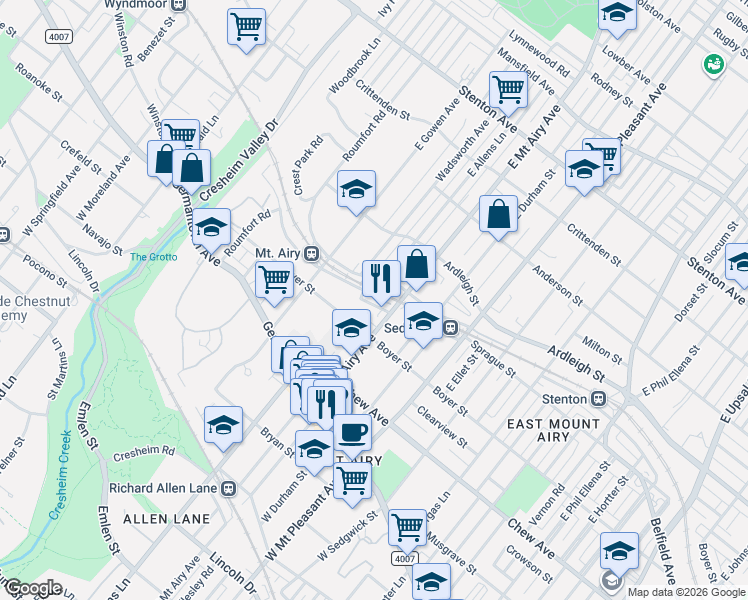 map of restaurants, bars, coffee shops, grocery stores, and more near 7240 Devon Street in Philadelphia