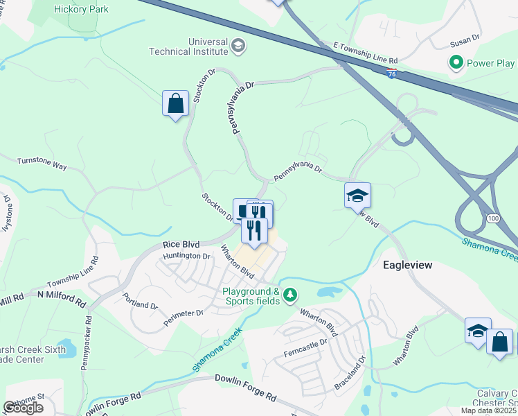 map of restaurants, bars, coffee shops, grocery stores, and more near 549 Dickinson Court in Exton