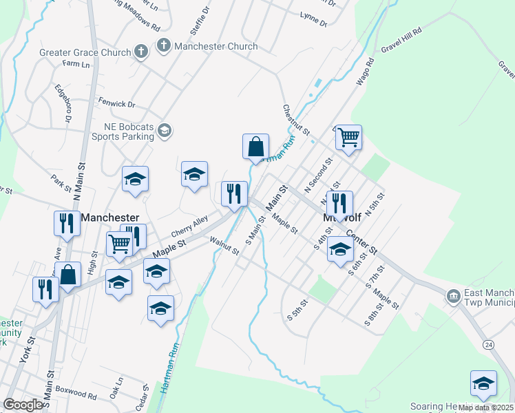 map of restaurants, bars, coffee shops, grocery stores, and more near 109 South Main Street in Mount Wolf