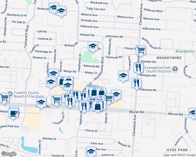 map of restaurants, bars, coffee shops, grocery stores, and more near 4636 Northtowne Boulevard in Columbus