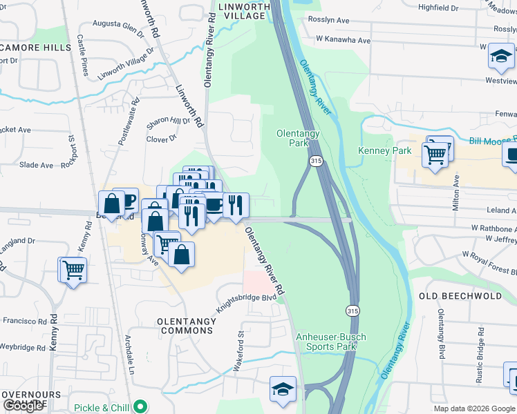 map of restaurants, bars, coffee shops, grocery stores, and more near 615 Olentangy Woods Drive in Columbus