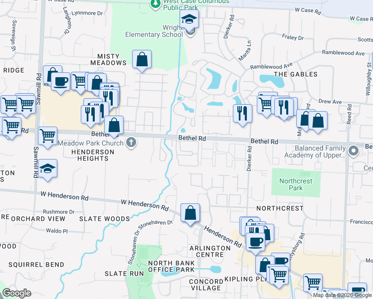 map of restaurants, bars, coffee shops, grocery stores, and more near 2350 Gavinley Way in Columbus