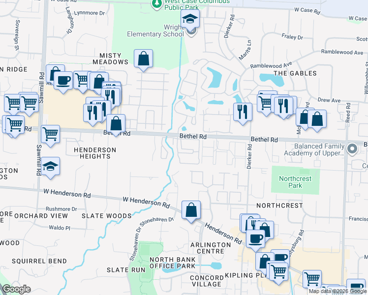 map of restaurants, bars, coffee shops, grocery stores, and more near 2350 Gavinley Way in Columbus