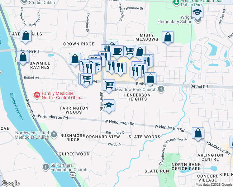 map of restaurants, bars, coffee shops, grocery stores, and more near 5345 Stonemeadow Avenue in Columbus