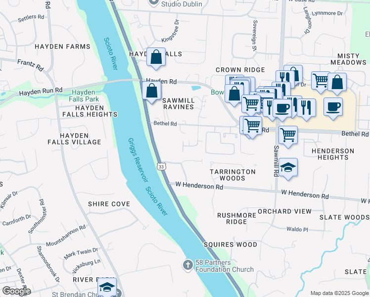 map of restaurants, bars, coffee shops, grocery stores, and more near 3155 Rivermill Drive in Columbus