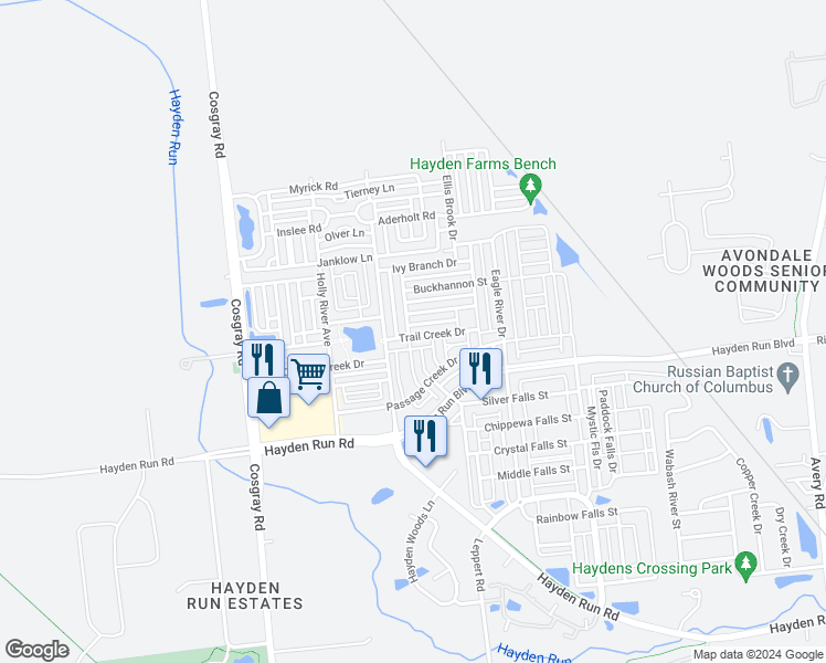 map of restaurants, bars, coffee shops, grocery stores, and more near 5847 Trail Creek Drive in Dublin